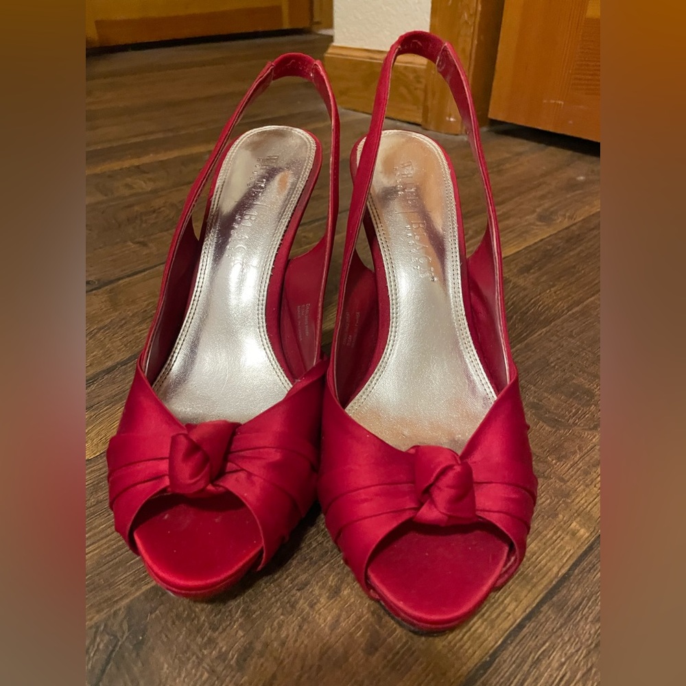 Black House White Market Satin red peep toe  “Darling” heels, size 8.5